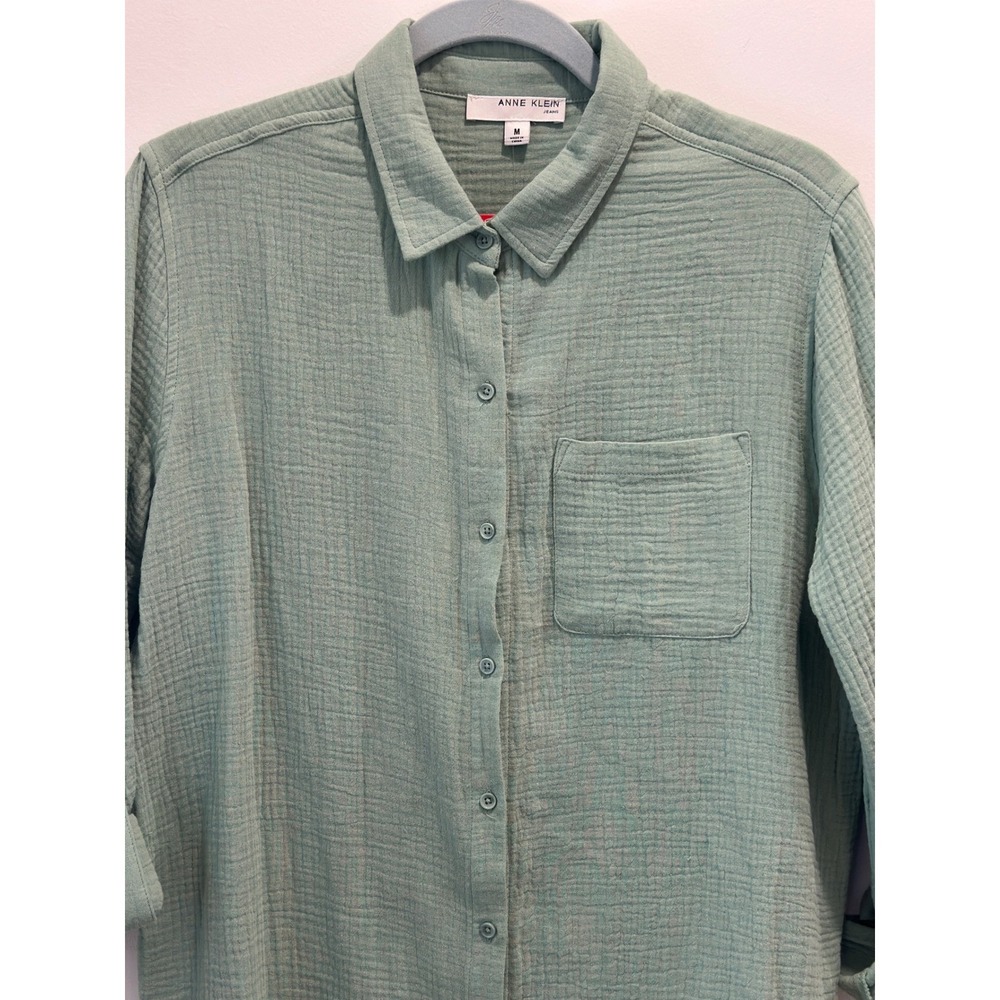 Anne Klein Jeans Sage Green Double Gauze Button Down Shirt Roll Tab Sleeve Med - Picture 5 of 13